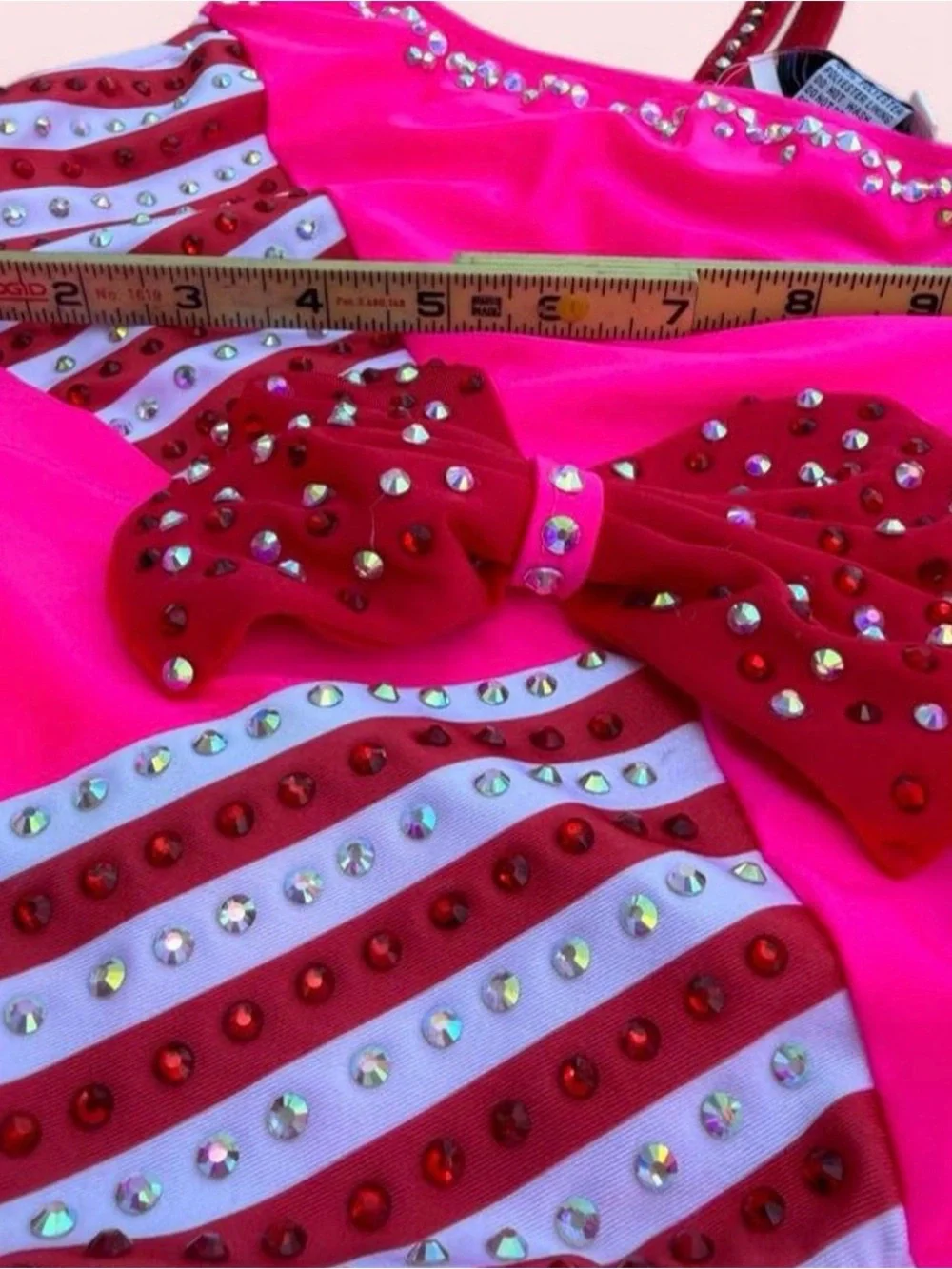 Glamour Hot Pink Candy Stripe Tutu Leotard w Red Bow Dance Halloween Costume SzS